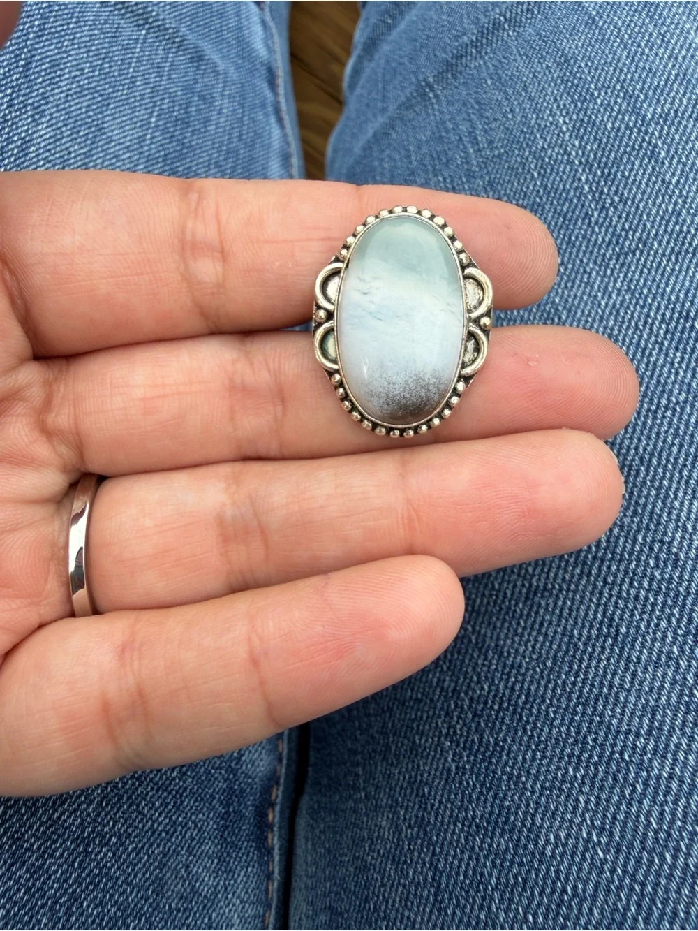 Silver Oval Blue-Gray Stone Statement Ring